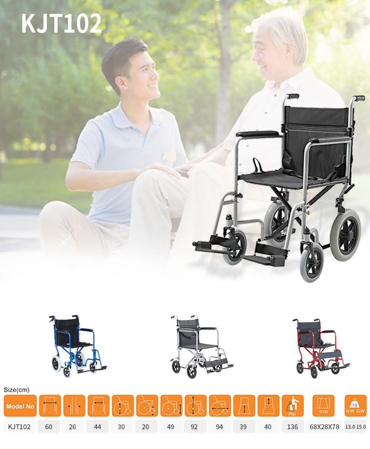 England Hot Selling Base Transport Steel Manual Wheelchair Detachable Footrest Fix Armrest 12inch Rear Small Wheel Drop Back Handle Have Seat Belt Wheel Chair