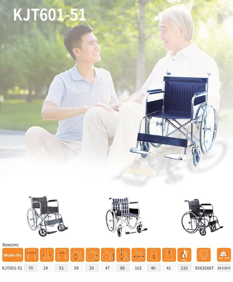 Folding Basic Manual Steel Wheelchair Heavy Duty Capacity 110kg 20" 51cm Seat Foshan 809 Hospital Patient Mobility Scooter Wheel Chair