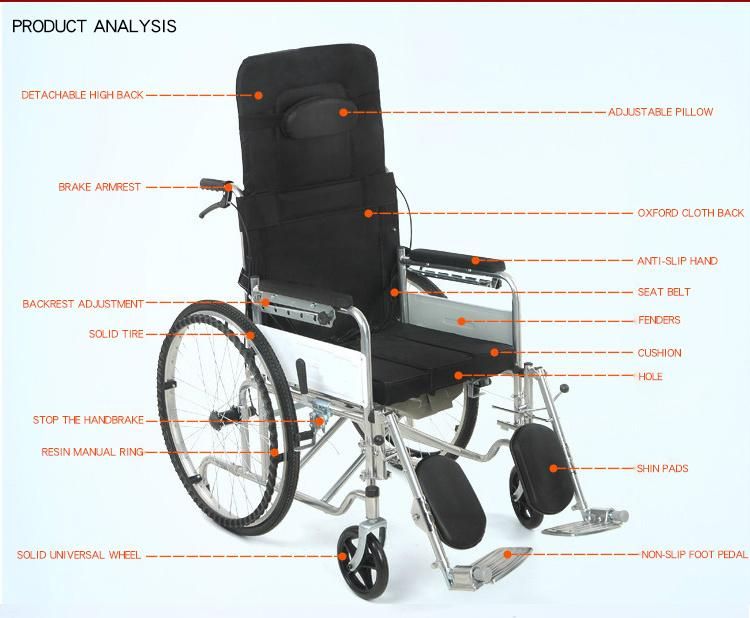 Hochey Medical Basic Simple Standard Commode Wheelchair with Toliet Portable Wheel Chair