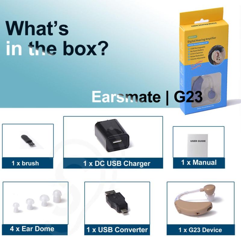 Behind The Ear Cheap Hearing Aid Price USB Rechargeable Hearing Amplifier Assist Deaf Ear Sound Amplifier Product Earsmate G23