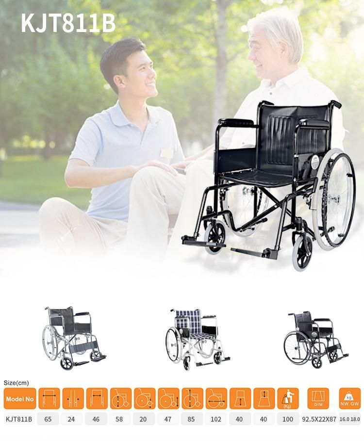 Base Economy Cheap Price Powder Coating Steel Manual Wheelchair PVC Soft Armrest Weight Capacity 100kgs Get CE FDA Home Care Wheel Chair