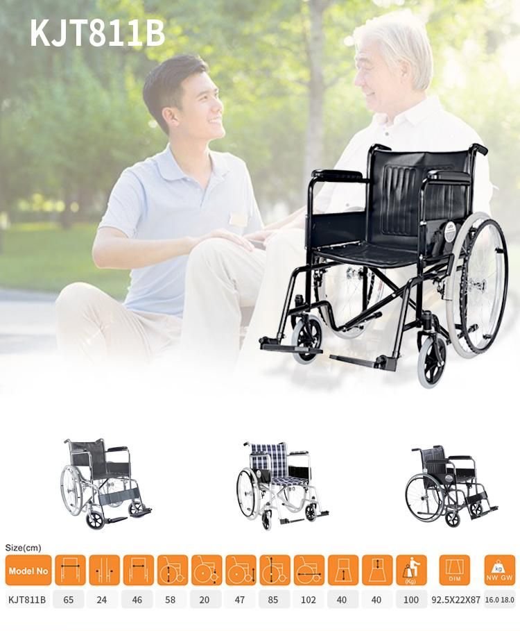 Powder Coated Frame Stand 809 Steel Chair Weight 100kgs Wheelchair Fix Armrest and Footrest 18 Inch Seat Width 24 Inch Rear Wheel 8 in Front Castor Wheel Chairs