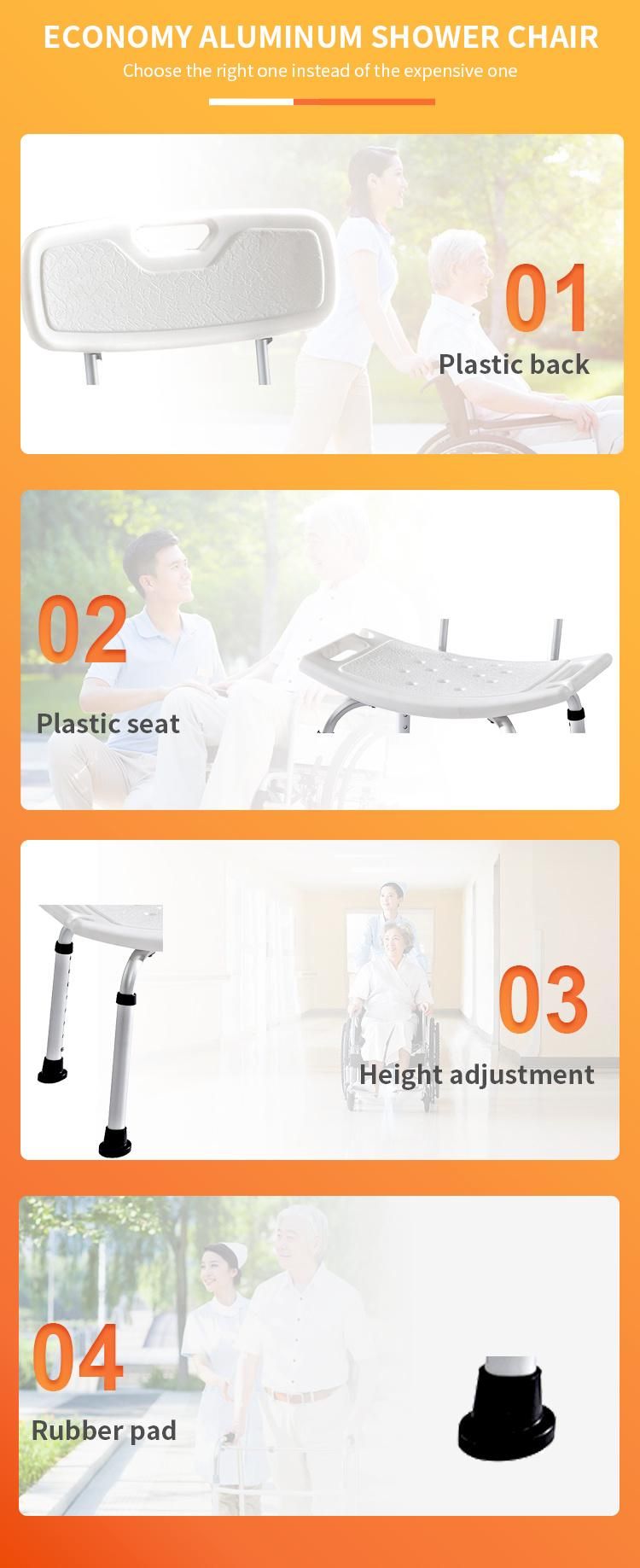 Shower Chair Basic Design Hot Sell with/Without Tool Adjustable Height with Backrest Bath Bench Adult Aluminum Frame PE Seat