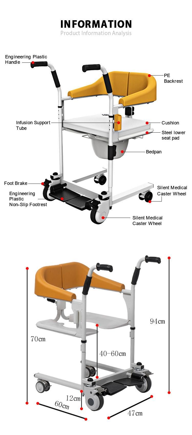 Manual Transfer Commode Wheelchair with Adjustable Back for Disabled People