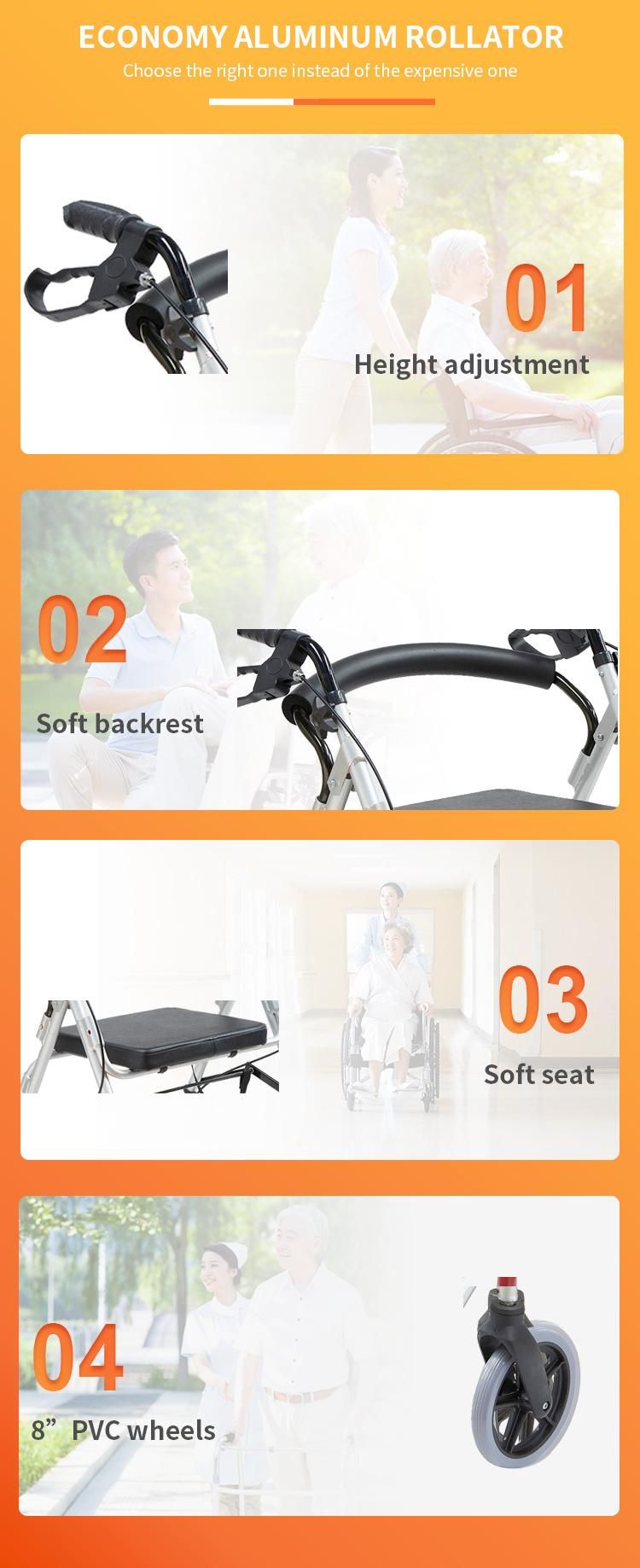 Rollator Walker with Folding Footrest PVC Soft Cushion Detached Backrest Height Adjust Transport Aluminum Rollator