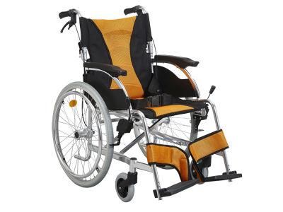 Flat Tube Aluminum Fashion Design Wheelchair with Frop Back Handle and Hand Brake Breathable Mesh Cushion 24inch PU Rear Wheel Wheel Chair