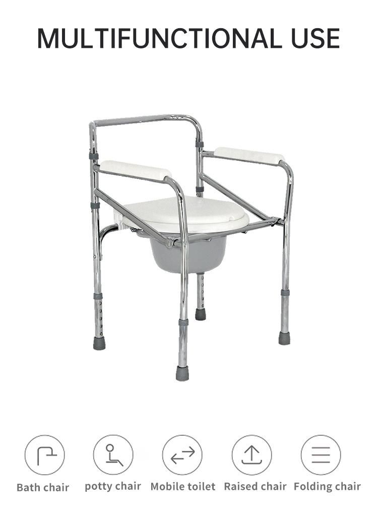 Home Care Folding Steel Commode Chair Potty Toilet Bath Chair Transfer Bedside Commode with Bedpan Elderly