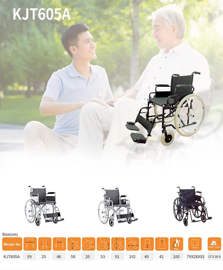 Foshan High Quality Flip up Armrest Steel Wheelchair with PVC Cushion Manual Foldable Wheel Chair Printing Steel Wheelchair