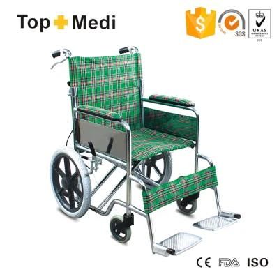 Economic Tranist Lightweight Steel Wheelchair with Double Cross Bar