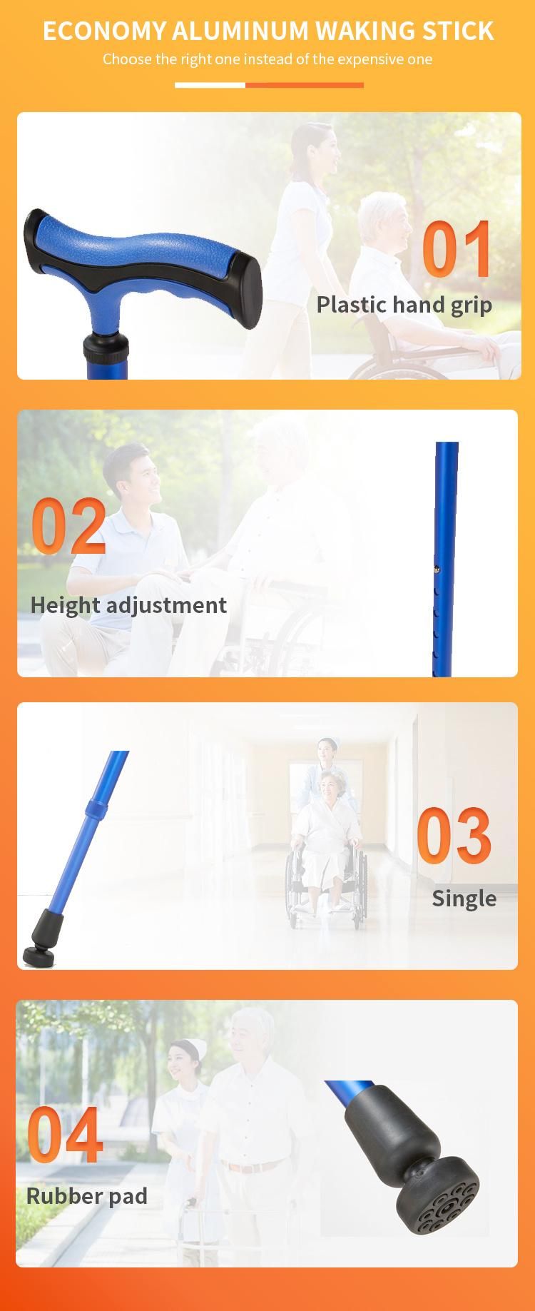 Rotatable Antiskid Footpad Single Aluminum Walking Cane with Soft Handle Adjust Height Lightweight Stick for Disabled People Elderly