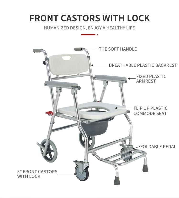 Aluminum Folding Toliet Bathroom Wheel Chair Commode with 4 Wheels for Disabled