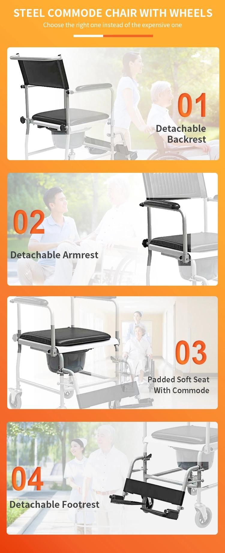 Powder Coated Steel Frame Padded Soft Seat Cushion Easy to Release Arm for Patient Transfters Detachable Footrest with 5inch Wheels Commode Chair
