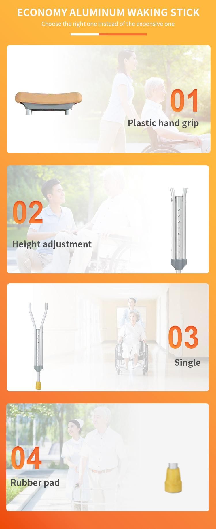 Aluminum Adjustable Hieght Easy Carry portable Anti-Slip Foot Glue Under Arm Walking Stick Yellow Color Weight Capacity 100kgs Cane Medical Equipment