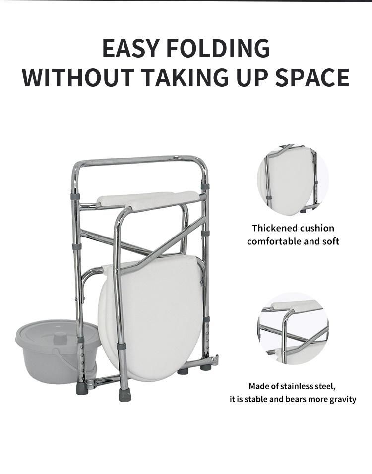 Home Care Folding Steel Commode Chair Potty Toilet Bath Chair Transfer Bedside Commode with Bedpan Elderly