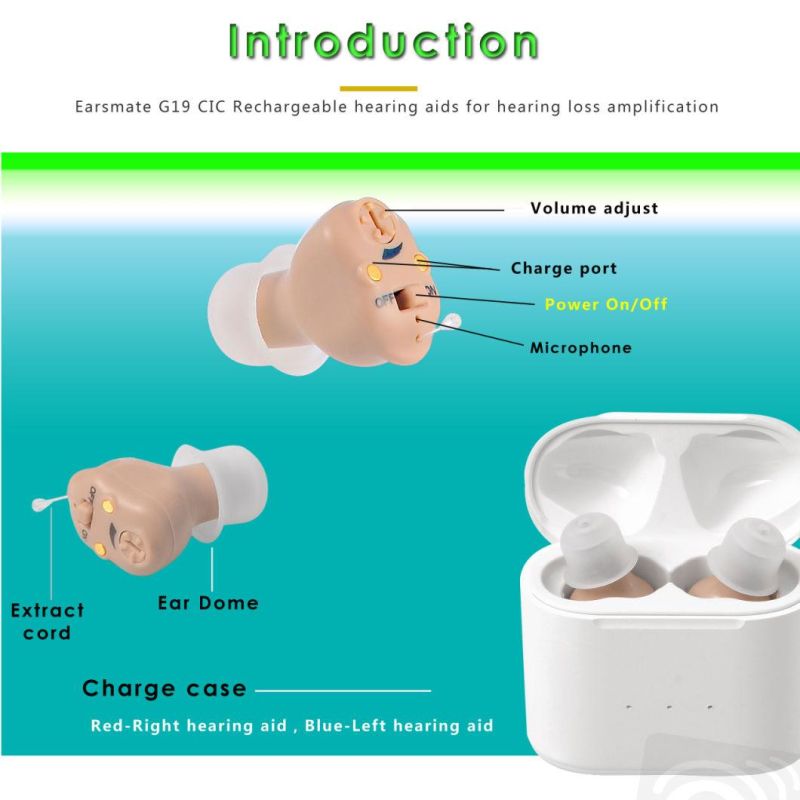 New Rechargeable Cic Hearing Aids Portable Ear Deaf Sound Aids Hearing Amplifier Products Earsmate G19 Beige Color Packed a Full Pair