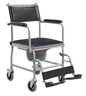Commode Wheel Chair Soft Seat Wheelchair Home Care Steel Grey Color Frame Transport Hospital Patient Limited Mobility People Medical Equipment