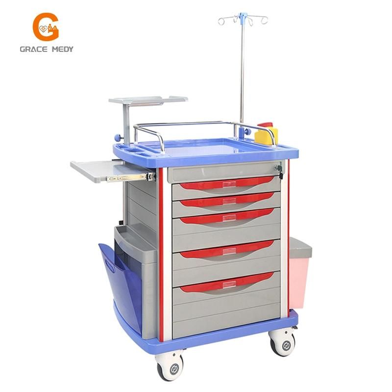 OEM in Promotion ABS Medical Emergency Ambulance Nursing Moving Hospital Crash Trolley Cart with Different Height Slot Drawers and CPR Board Cable Holder